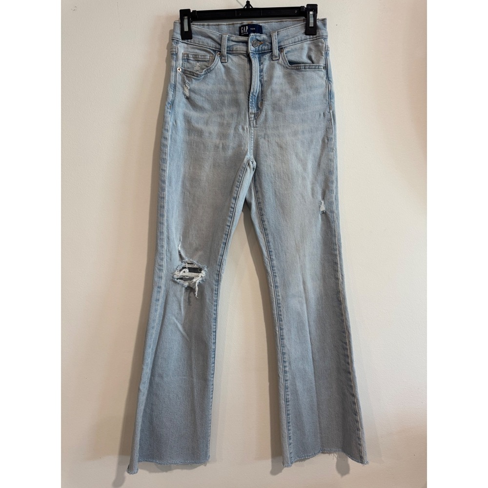 Gap '70s Flare Jeans Women Size 4/27R Light Wash Distressed High Rise Raw Hem